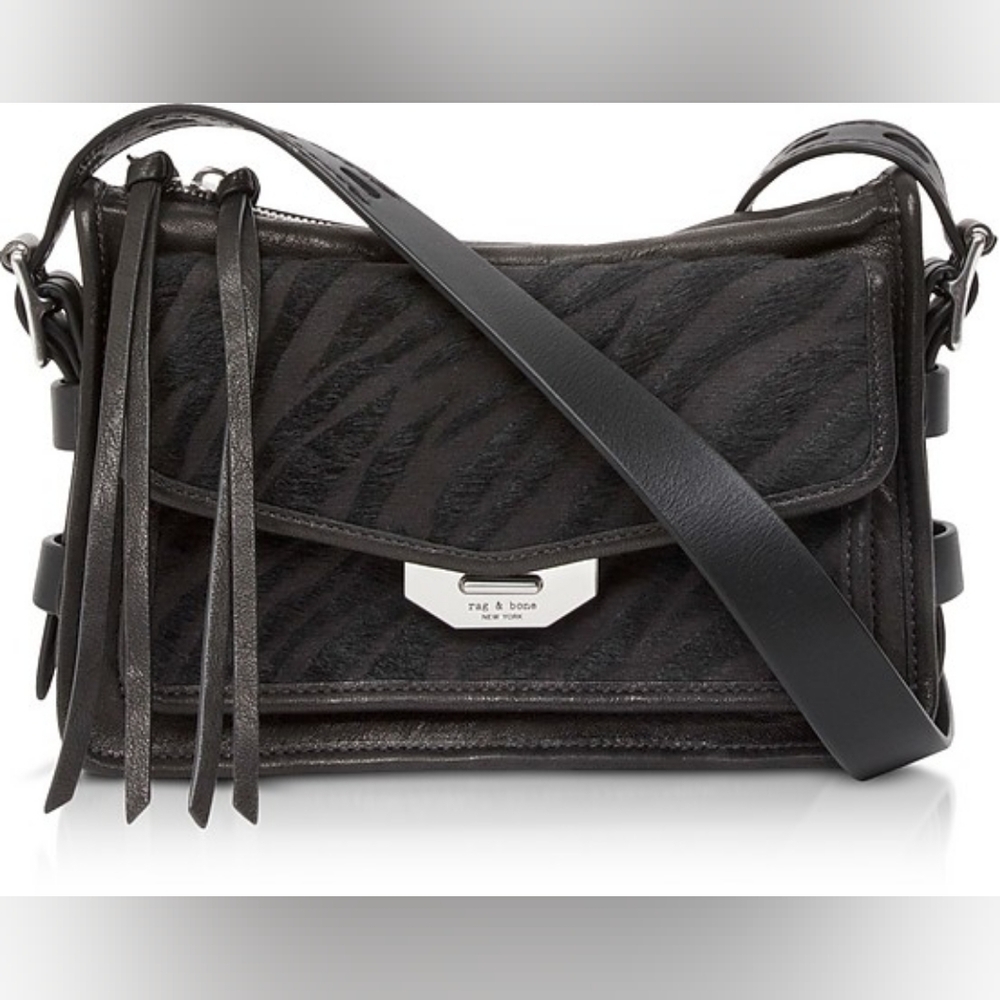 RAG & BONE Black Zebra Print Lamb Leather Small Field Messenger Bag